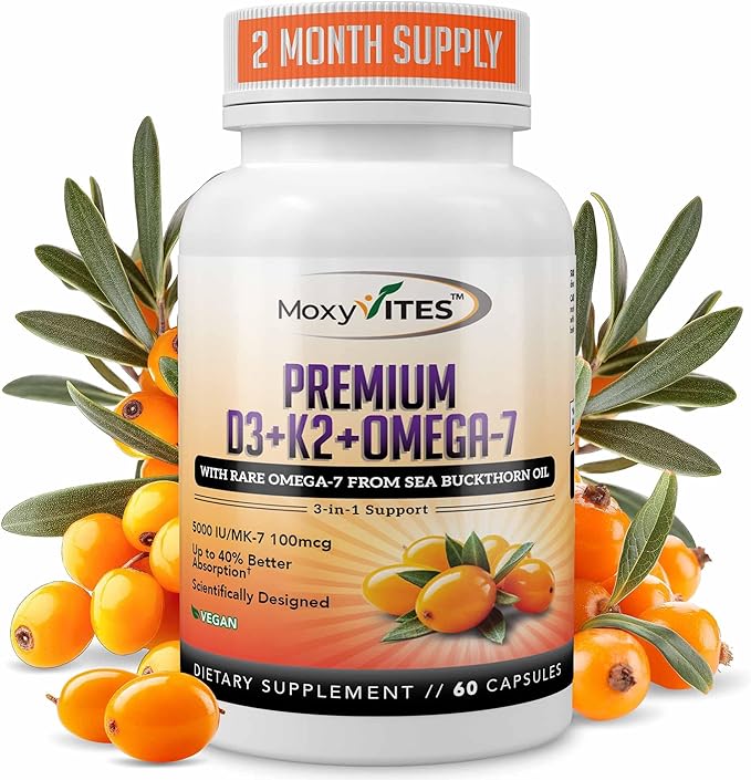MoxyVites Vitamin D3 K2 5000 IU – High Absorption D3 + K2 MK-7 with Sea Buckthorn Oil &amp Omega-7 – Bone Heart &amp Immune Support for Women &amp Men – 60 Vegan Capsules