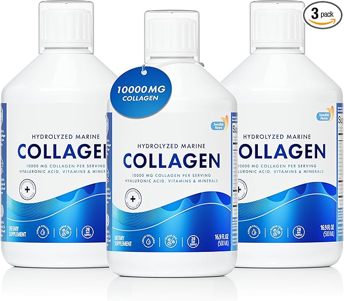 Swedish Nutra - 10000 mg Hydrolyzed Marine Collagen Liquid Supplement - 3 x 500 ml (1500 ml) 60-Day Supply | Hyaluronic Acid Biotin and Vitamin C for Hair