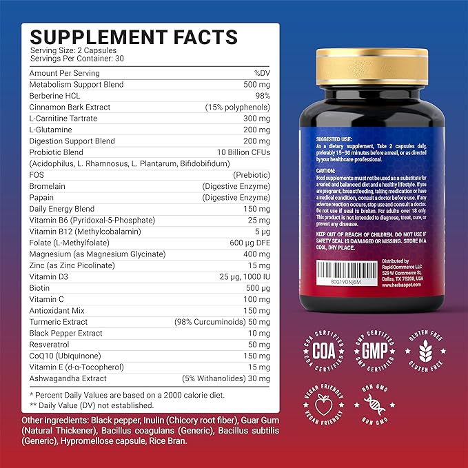 GLP-1 Supplement 1000 mg with Berberine L-Carnitine Ashwagandha | Metabolism Support for Satiety &amp Craving Control | Probiotics 10 Billion CFU for Gut Health &amp Healthy Energy – 60 Capsules