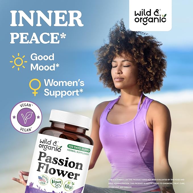 Wild &amp Organic Passion Flower Extract Capsules 600 mg - Relaxation &amp Mood Support - Passionflower Supplement - Passiflora Incarnata Herb - Vegan No Fillers Non-GMO - 120 Count
