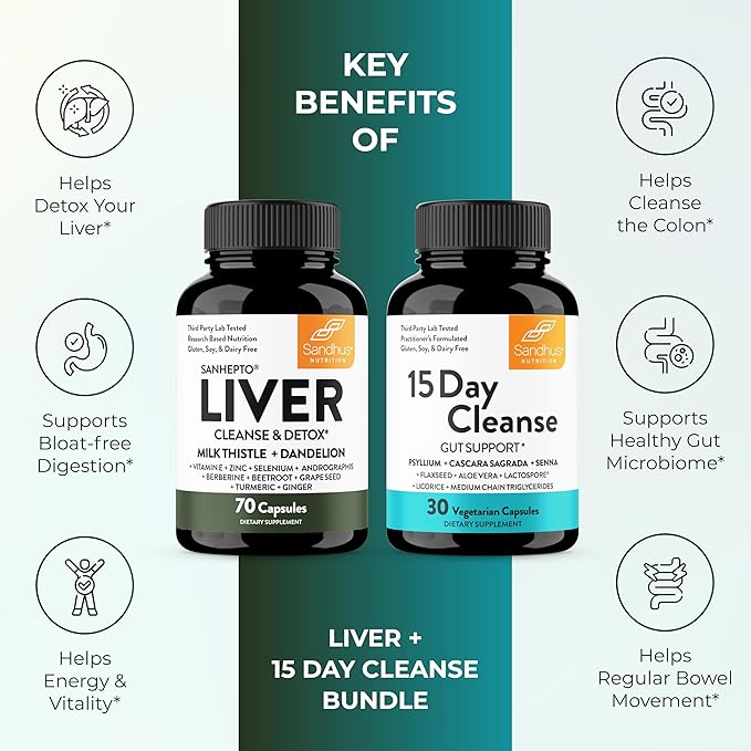 Sandhu's Liver Cleanse Detox &amp 15 Day Gut Cleanse Support Supplement for Women &amp Men | Supports Liver Gut &amp Digestive Health