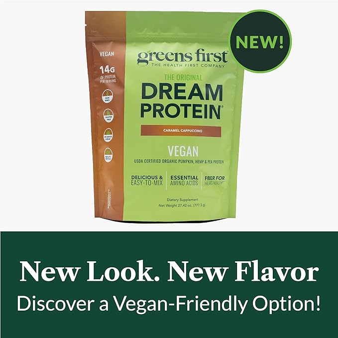 Greens First Dream Protein Plant-Based Vegan Powder - USDA Organic Pumpkin Hemp &amp Pea Protein - Gluten-Free Non-GMO No Added Sugar (Caramel Cappuccino 27.42 oz)