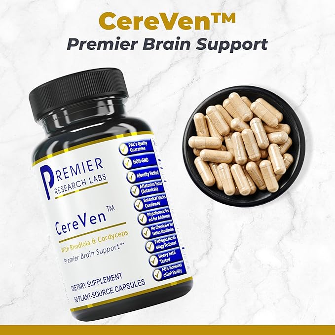 Premier Research Labs CereVen - Herbal Brain Supplement for Memory &amp Focus Featuring Rhodiola Rosea Rhodiola Rosea Supplement for Brain Health Support - 60 Vegetarian Capsules (Pack of 2)