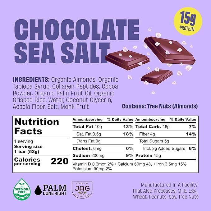 JUSTNOSH Chocolate Sea Salt Collagen Protein Bars – 15g Protein 10g Collagen | Gluten &amp Dairy Free Low FODMAP Seed Oil Free (12 Pack)