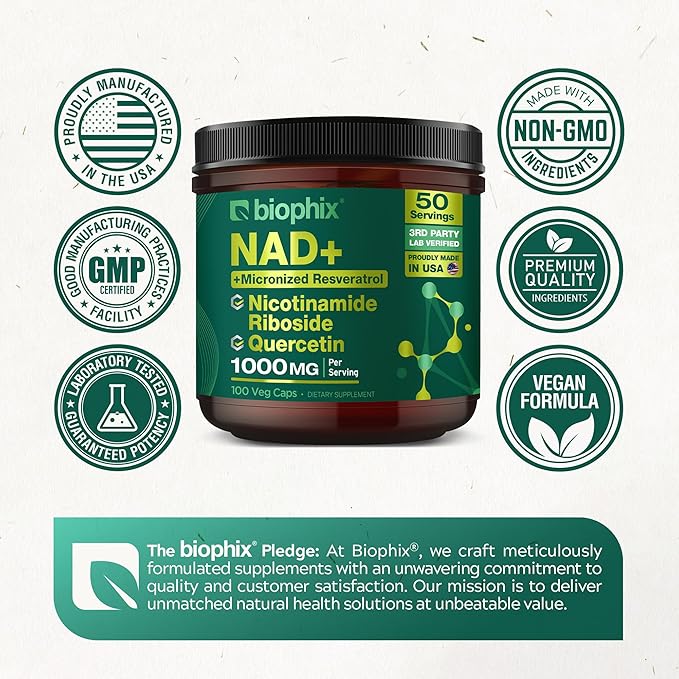 biophix NAD+ Liposomal Supplement for Women &amp Men - 1000 mg per Serving - Nicotinamide Riboside Micronized Resveratrol &amp Quercetin Complex - 100 Veg Capsules - Non-GMO Gluten-Free cGMP Cert