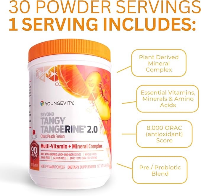 Youngevity Beyond Tangy Tangerine 2.0 Citrus Peach Ultimate Multi-Vitamin &amp Mineral Complex - Made with Natural &amp Whole Foods | 8000 ORAC | 2 Canisters