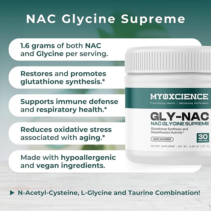 MYOXCIENCE Gly-NAC | NAC Glycine Supreme | Supports Glutathione Synthesis &amp Antioxidant Activity | 3000 mg Glycine &amp 1600 mg N-Acetyl-Cysteine per Serving | Unflavored 30 Servings
