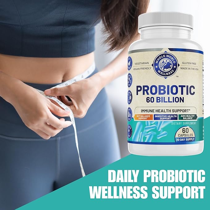 Probiotic 60 Billion CFU/g | Immune Digestive &amp Gut Health Support | Supports Constipation Gas &amp Bloating | All Natural Dairy Free Soy Free | 60 Capsules | Made in The USA.
