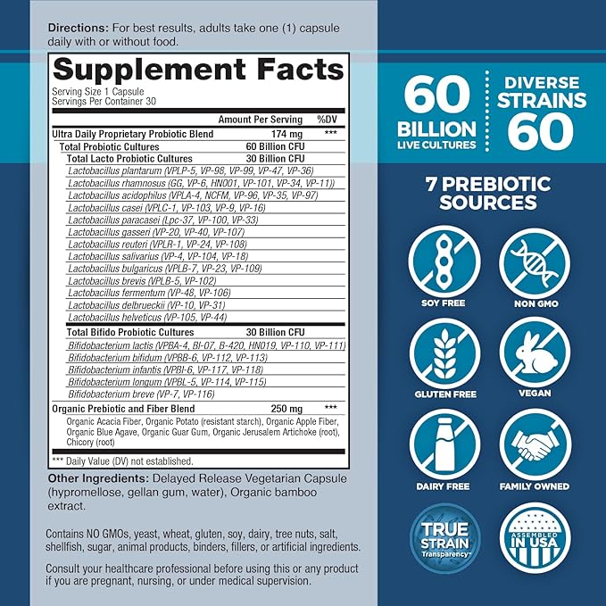 Vital Planet - Vital Flora Ultra Daily Probiotic 60 Billion CFU Diverse Strains Organic Prebiotics Immune Support Bloating Relief Digestive Health Probiotics for Women and Men 30 Capsules