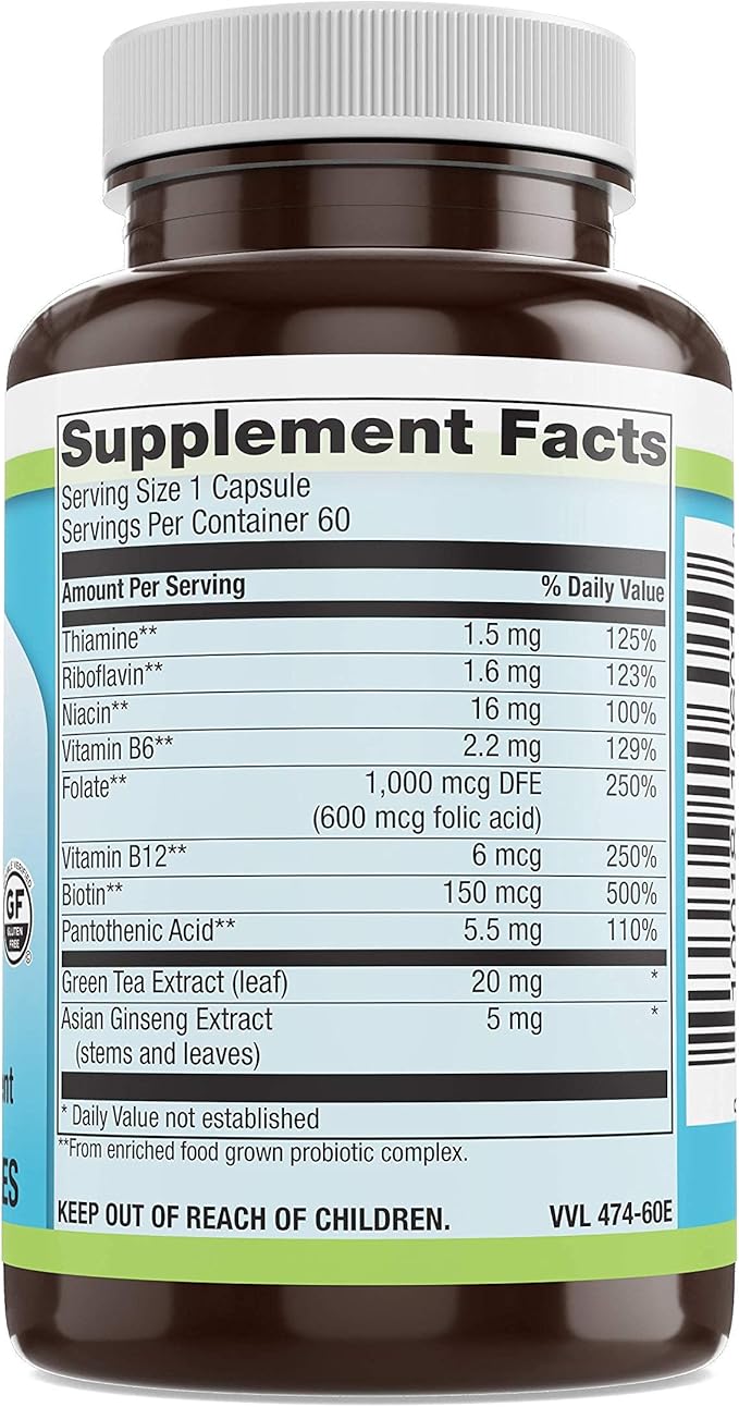 A Whole Food B Complex Vitamins - Cognitive Health Migraine Relief Thiamin Riboflavin Niacin Vitamin B12 and Green Tea Extract -Supplement for Energy and Stress - 180 Tablet