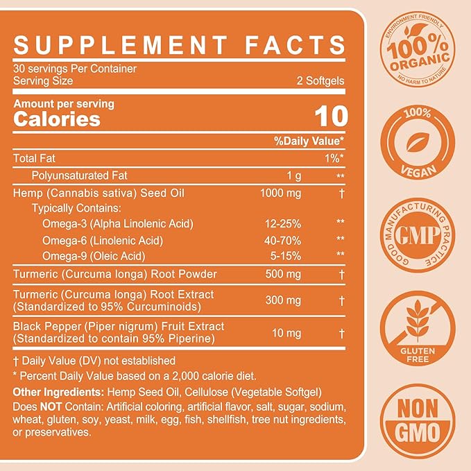 2 Pack Hēmp Oil Capsules with Turmeric - Organic Hēmp Seed Oil Pills with Turmeric Curcumin Black Pepper - Vegan Omega 3 &amp 6 Supplement - Extra Strength &amp Absorption - 120 Softgels
