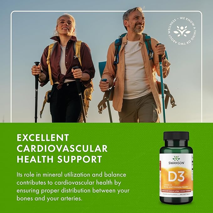 Swanson Vitamin D3 5000 IU Bone Immune and Heart Health Supplement for Sun-Deprived Adults Seeking Bone Immune and Heart Support - 125 mcg Cholecalciferol (250 Softgels 4 Pack)
