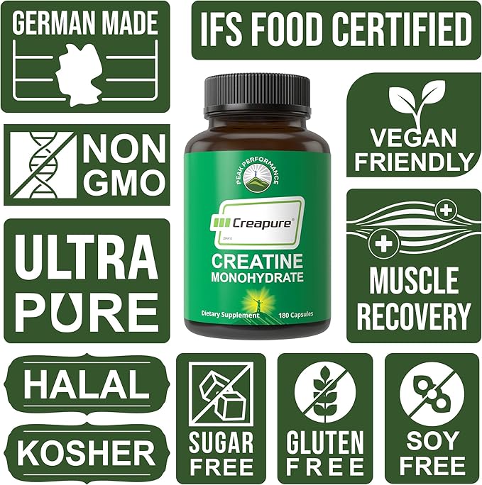 Creapure Creatine Monohydrate 180 Capsules - Ultra High Purity German Made Creatine with Nothing Added at All - Pure Unflavored Pills for Men &amp Women - No Sugar Non-GMO Vegan Friendly Supplement