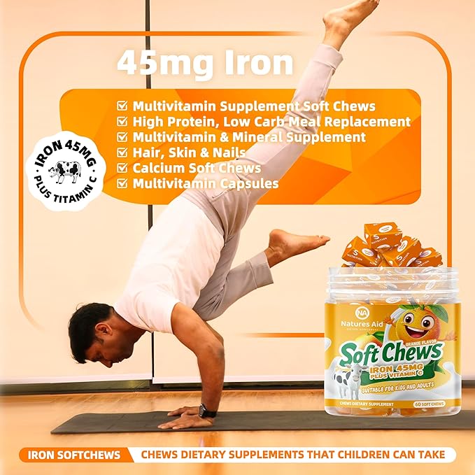 Chewable Iron Supplement for Women &amp Men and Kids - Orange Flavor Iron Vitamin C Soft Chew for Max Absorption Iron as Ferrous Fumarate Ideal for Iron Deficiency 2 Month Supply