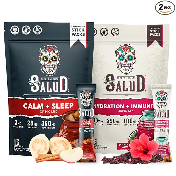 Salud 2-Pack | 2-in-1 Calm + Sleep (Punch) &amp Hydration + Immunity (Hibiscus) 15 Servings Each Drink Mix Dairy &amp Soy Free Non-GMO Gluten Free Vegan Low Calorie 1g of Sugar