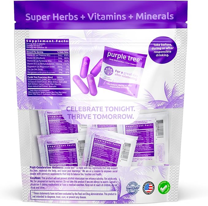 purple tree Post-Drink Wellness Supplement for Liver Support &amp Hydration | Dihydromyricetin DHM Milk Thistle Electrolytes Vitamins | Bachelorette &amp Bachelor Party Kits 30 Packets 120 Pill