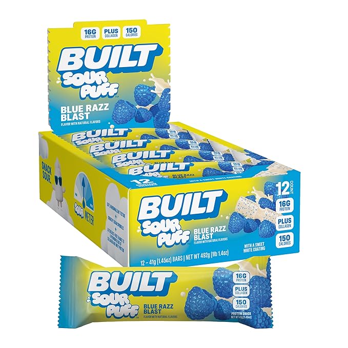 BUILT Bar Sour Puff Protein Bars - Blue Razz Blast - 16g Protein Snack Bars with Collagen - Calorie Conscious &amp Gluten Free - 12 Count