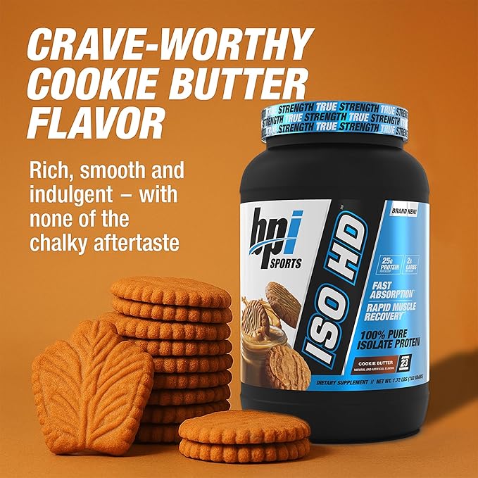 BPI Sports ISO HD Isolate Protein Powder – 100% Whey Isolate Protein Powder for Muscle Gain - Cookie Butter - 1.6 Lb - 23 Servings