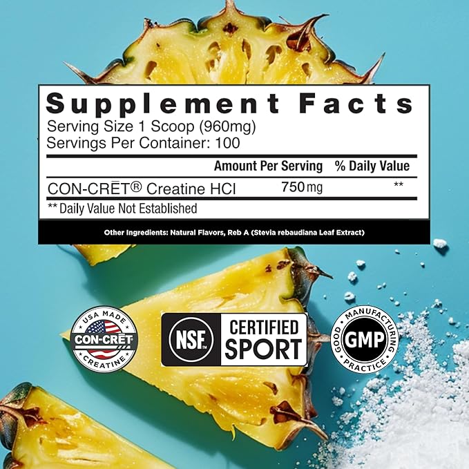 CON-CRET Creatine HCl Powder | Muscle Cognitive Cellular Energy Support | No Bloating or Cramps | USA Made &amp NSF Certified | Pineapple (100 Serving)