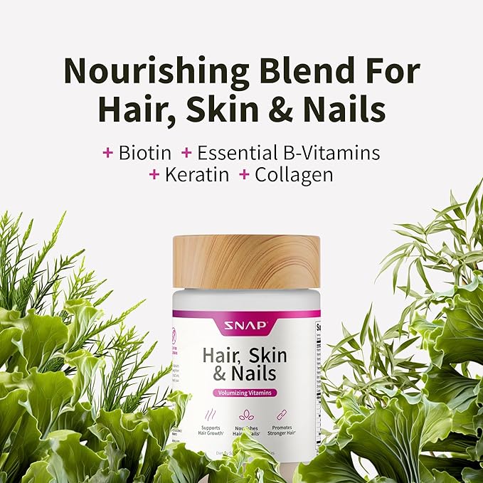 Snap Supplements Hair Skin and Nails Vitamins Support Hair Growth Nourish Skin and Nails with Biotin Collagen Kelp Bamboo and Other Vitamins Radiant Skin Strong Hair and Nails 60 Capsules