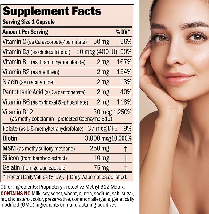 ANDREW LESSMAN Healthy Hair Skin and Nails 240 Capsules - 3000 mcg High Bioactivity Biotin B-Complex. Promotes Beautiful Skin Strong Nails. No Additives Hair Growth Vitamins Biotin Supplement