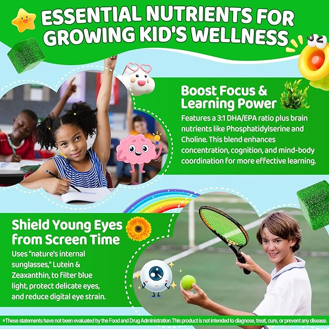 Kids Super Greens Gummies w/Multivitamins 20+ Veggie Fruit Prebiotics Calcium Omega-3 (DHA/EPA) Kids Vitamins Greens Superfood Gummies for Picky Eaters Growth Energy Immune Digestion 2 Pack