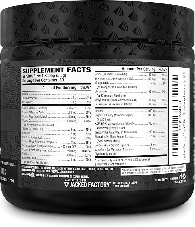 Jacked Factory Vita XT Performance Vitamin Powder - Daily Multivitamin Powder for Men with KSM-66 Ashwagandha Prebiotic Fiber Vitamin A C D K B6 B12 &amp More - Strawberry Lemonade 30Sv