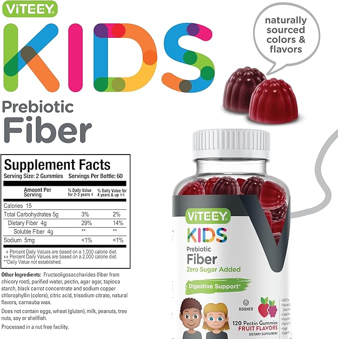 Viteey Prebiotic Kids Fiber for Constipation Relief Digestive Health Regularity Support Natural Weight Support - Fiber 4g Zero Sugar Added Vegan Gluten Free - Tasty Chewable Fruit Flavored Gummy