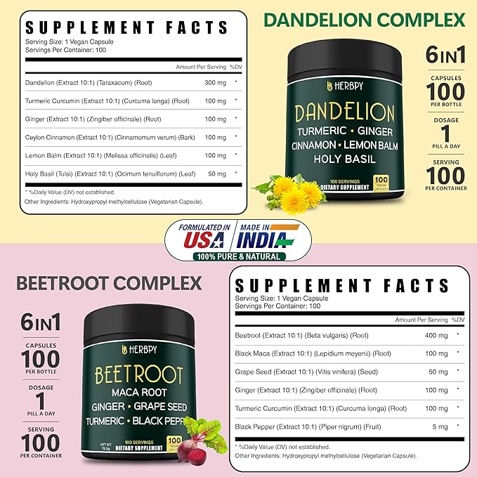Bundle 6in1 Dandelion Supplement &amp 6in1 Beet Root Capsules - Support Digestive Immune and Heart Health