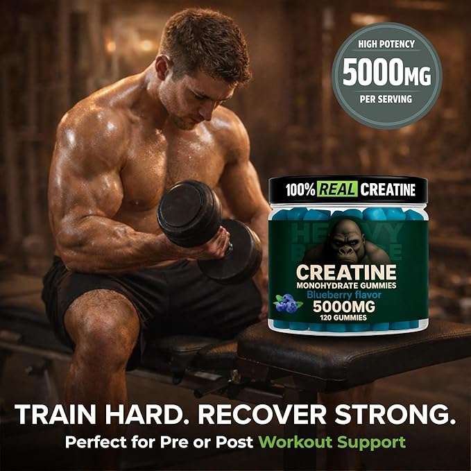 Creatine Monohydrate Gummies 5g Sugar Free Creatine with Vitamin B12 and L-Taurine | Muscle Growth for Men and Women | Low Calorie Formula 120 Gummies for 30 Servings Blueberry