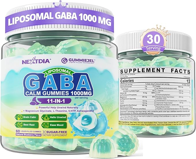 GABA Gummies 1000mg - Liposomal Calm Mood Gummies with L-Theanine Magnesium Glycinate Ashwagandha 5htp Inositol Melatonin-Free for Zzz Better GABA Supplements for Adult Sugar-Free 60Cts