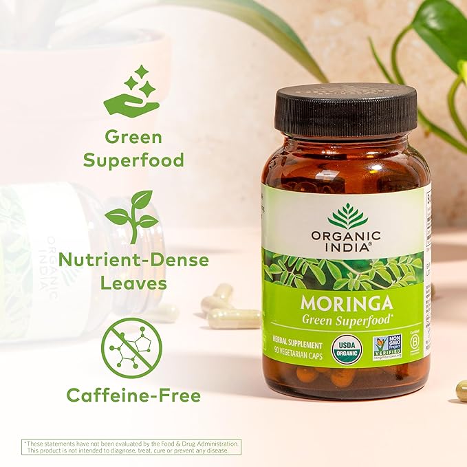 ORGANIC INDIA Moringa Herbal Supplement - Green Superfood Nutrient Dense Pure Plant Protein Vitamin A E K Iron Calcium Fiber Vegan Gluten-Free USDA Certified Organic - 90 Capsules