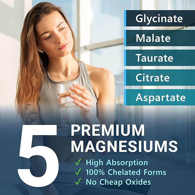 Magnesium 5 Complex - Chelated Magnesium Glycinate Malate Citrate Taurate &amp Aspartate for Nerves Muscles Bones - 3 Pack