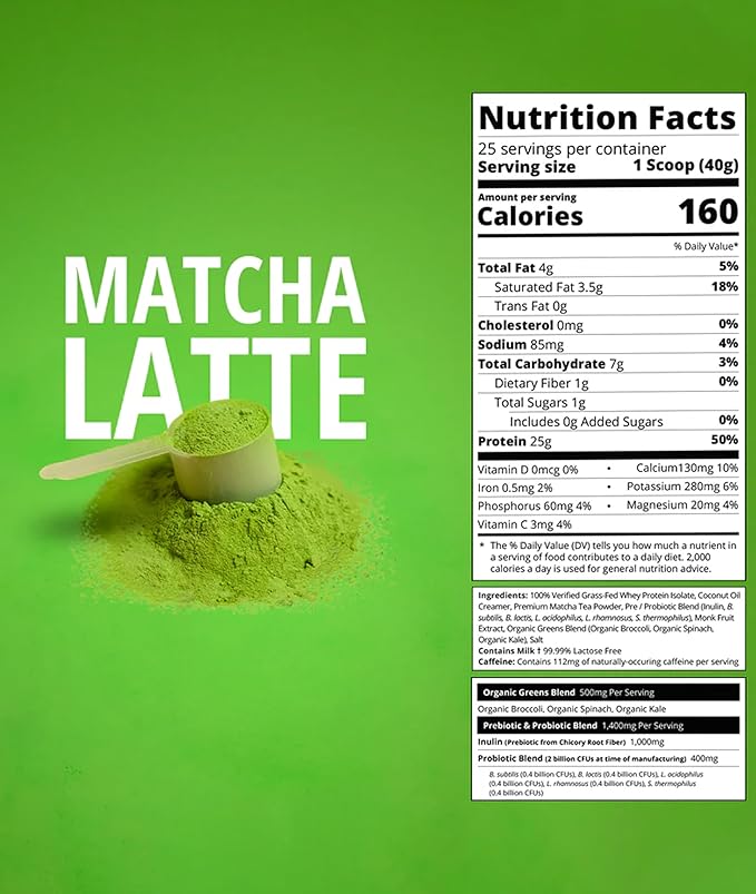 Boba Tea Protein Matcha Latte | 25g Grass-Fed Whey Protein Isolate Powder | Gluten-Free &amp Soy-Free Bubble Tea Protein Drink | Real Ingredients &amp Lactose-Free Protein Drink | 25 Servings
