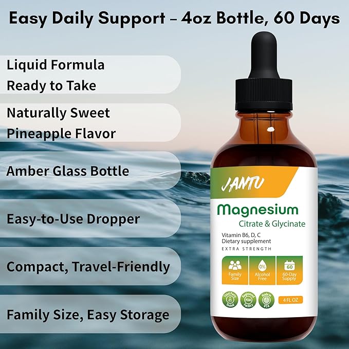 JANTU High‑Absorption Liquid Magnesium Citrate &amp Glycinate with Vitamins B6 D3 C &amp Potassium – Alcohol‑Free Glycerin‑Based Vegan 60‑Day Supply – 4 oz