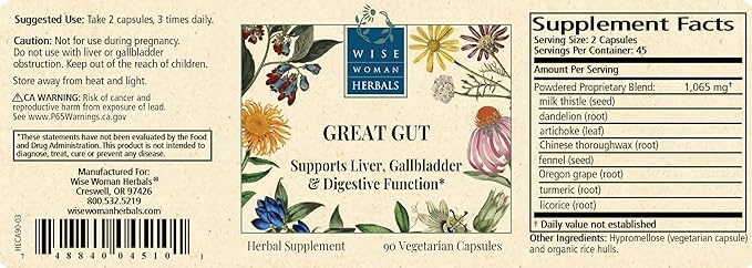 Wise Woman Herbals Great Gut (Formerly Hepacaps) Pure Non-GMO Herbal Blend with Milk Thistle Supports Healthy Gallbladder &amp Digestion Liver Detox Natural Cleanse 90 Veg Caps