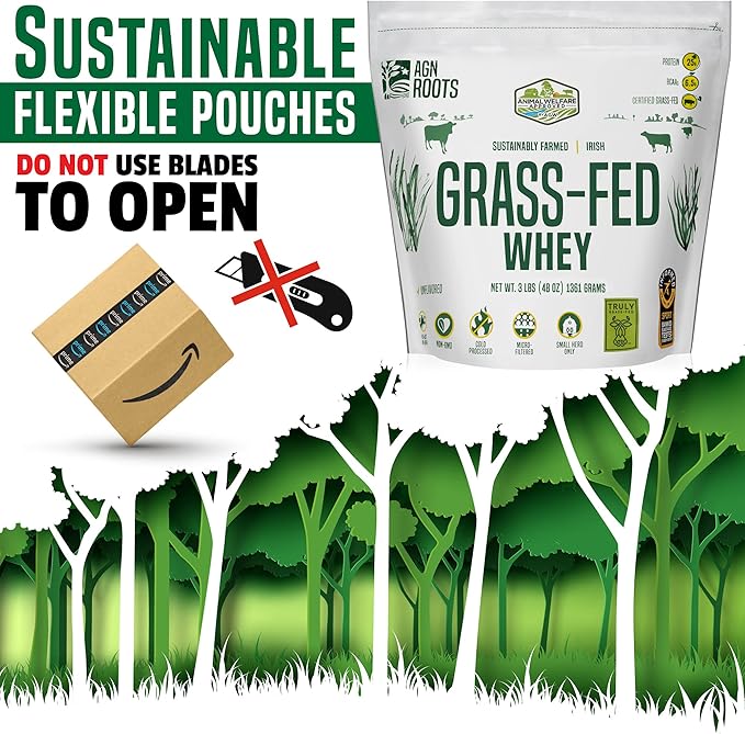 AGN Roots Grass Fed Whey Protein Powder Isolate - Unflavored - Unsweetened - Certified Entire Life On Pasture - A Greener World - ASPCA Registered Brand List - Informed-Sport - 3lbs