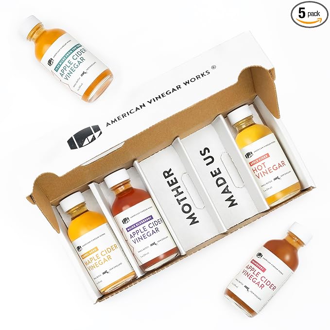 American Vinegar Works - Apple Cider Vinegar Sampler Pack - Includes Apple Cranberry Hot Wild Blueberry and Maple Cider Vinegars - Great for Gifts - 2oz Bottles - 5 Pack