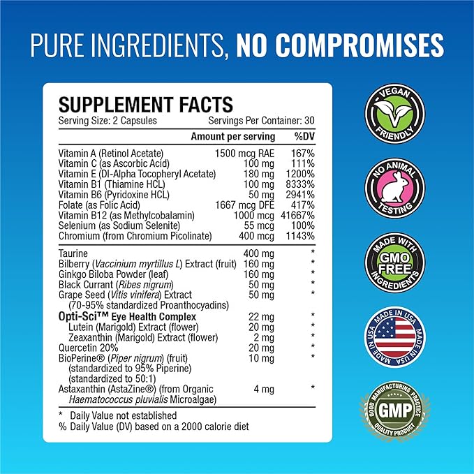 Approved Science EyeSyl - Eye Support Supplement - Chromium Picolinate Taurine Lutein Zeaxanthin Bilberry BioPerine - 1 Month Supply - 60 Capsules - Made in The USA