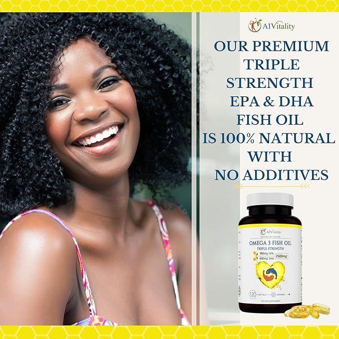 Omega 3 Triple Strength EPA DHA Supplement - 2500mg Lemon Flavored Burpless Fish Oil - High Potency 900mg EPA 600mg DHA Supports Circulation Brain Heart Eye Skin Bone &amp Joints - 120 Softgels