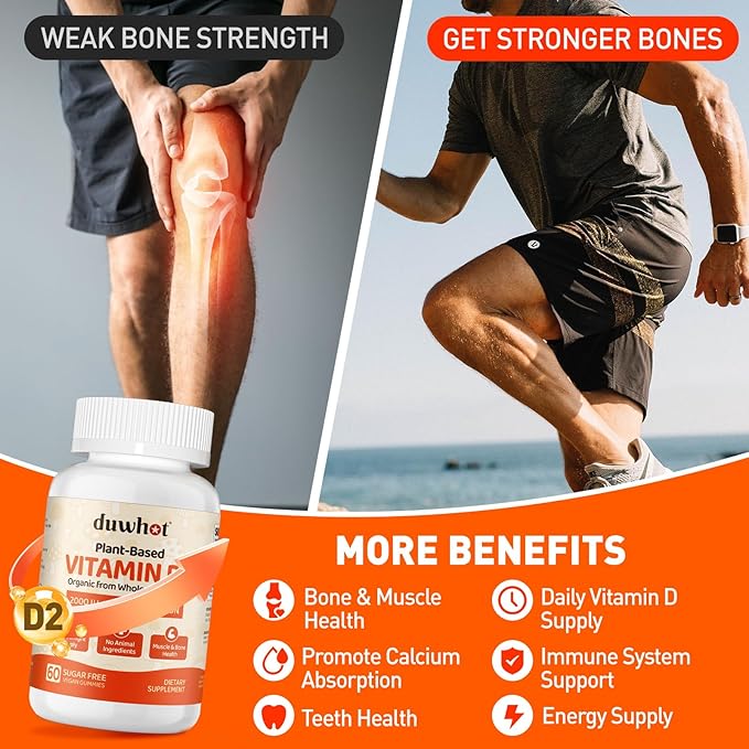 Vitamin D2 Gummies 2000 IU Plant-Based D2 Vitamin Supplement from Whole Mushroom Immune Support Daily Sunshine SupplyVegan Non-GMO Orange 120
