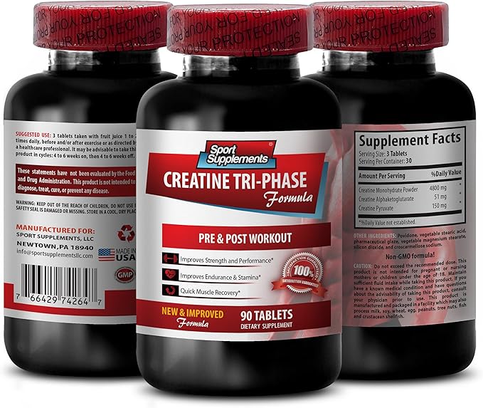Creatine Capsules - Creatine Tri Phase - Creatine Monohydrate Improves Short-Term Memory creatine for Muscle gain creatine Muscle Growth and Brain Improves anaerobic Capacity - 1 Bottle - 90 Tabs