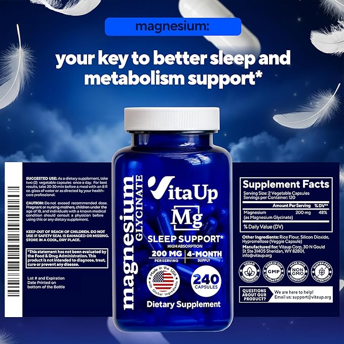 Magnesium Glycinate 200mg - USA Made Highly Absorbed Non-GMO Magnesium for Relaxation Deep Sleep Bones &amp Heart - 200mg per Serving 240 Vegan Capsules