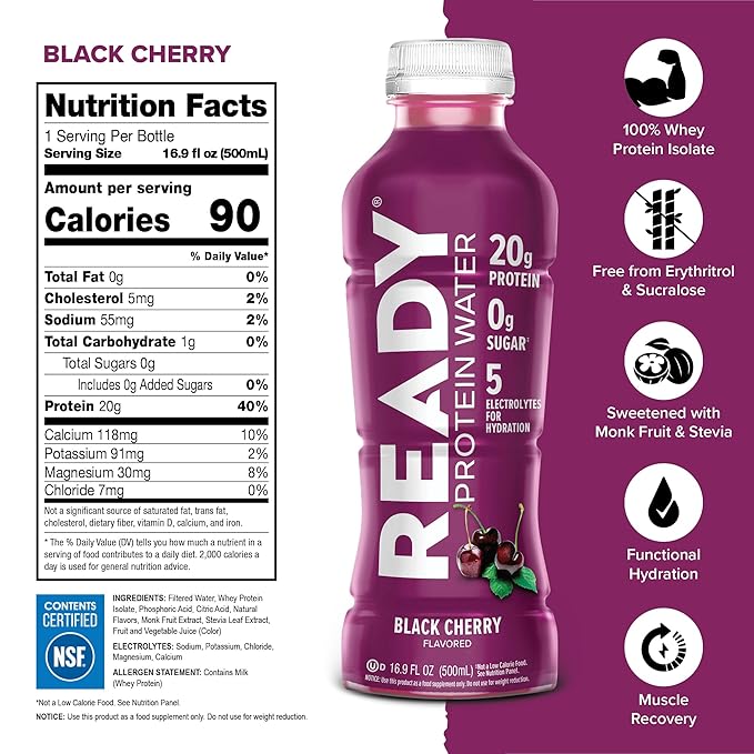 Ready® Clear Protein Water – 20g Whey Protein Isolate Zero Sugar Low-Calorie Sports Drink for Hydration &amp Recovery – Electrolytes Essential Amino Acids – Black Cherry 16.9 fl oz Bottles (12-Pa
