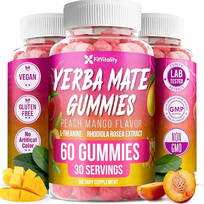 60 Yerba Mate Gummies - Formulated with L-Theanine Rhodiola Rosea Ginseng Choline B12 – Peach Mango Flavor – Vegan Gluten-Free Non-GMO