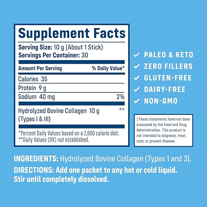 NativePath Collagen Peptides Protein Stick Packs - Hydrolyzed Type 1 &amp 3 Collagen Powder for Skin Hair Nails - 30 Servings