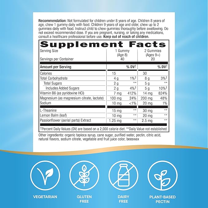 Nature's Way Kids Cool &amp Calm GummiesSupports a Calm Mood in Kids Ages 8+*Lemon BalmMagnesiumVitamin B6L-TheanineGrape FlavoredVegetarian(Packaging May Vary)40 Count (Pack of 2)