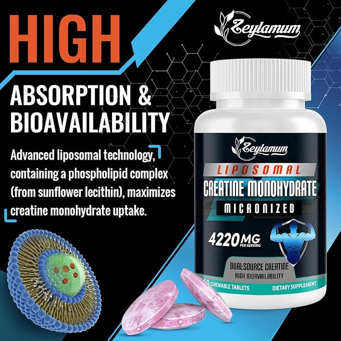 Liposomal Creatine Monohydrate Chewable Tablets 4220mg Micronized Creatine + Creatine HCL Blend Easy-to-Take Creatine Supplement Portable Workout Support 120 Tablets 60 Servings
