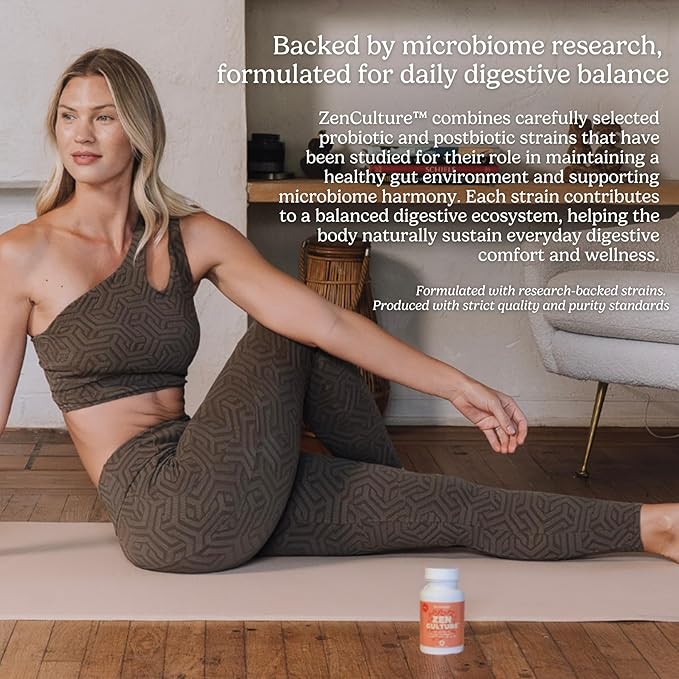 Zen Principle Zenculture™ – 4-in-1 Synbiotic Supplement (Probiotic + Prebiotic + Postbiotic + Digestive Enzymes) with CoreBiome®. Anti Bloating Immune &amp Brain-Gut Health. 60 Capsules