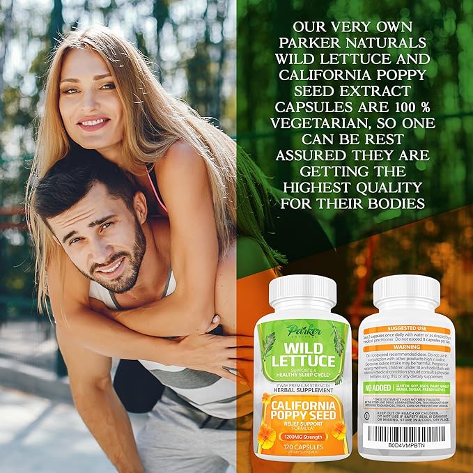 Parker Naturals Wild Lettuce Extract &amp California Poppy Seed Supplement 2 Way Premium Strength Herbal Supplement for Healthy Sleep &amp Relief Support 120 Capsules